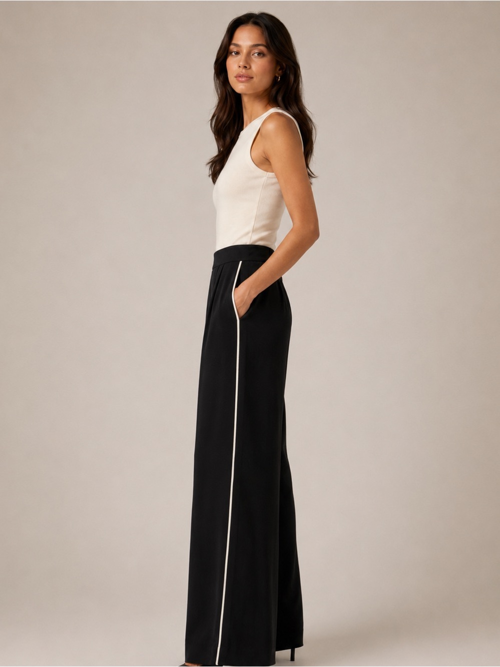 REISS Wide-Leg Black Pants with Cream Stripe